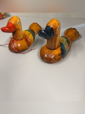 VTG Hand Carved Korean Wooden Duck Pair Folk Art Wedding Ducks